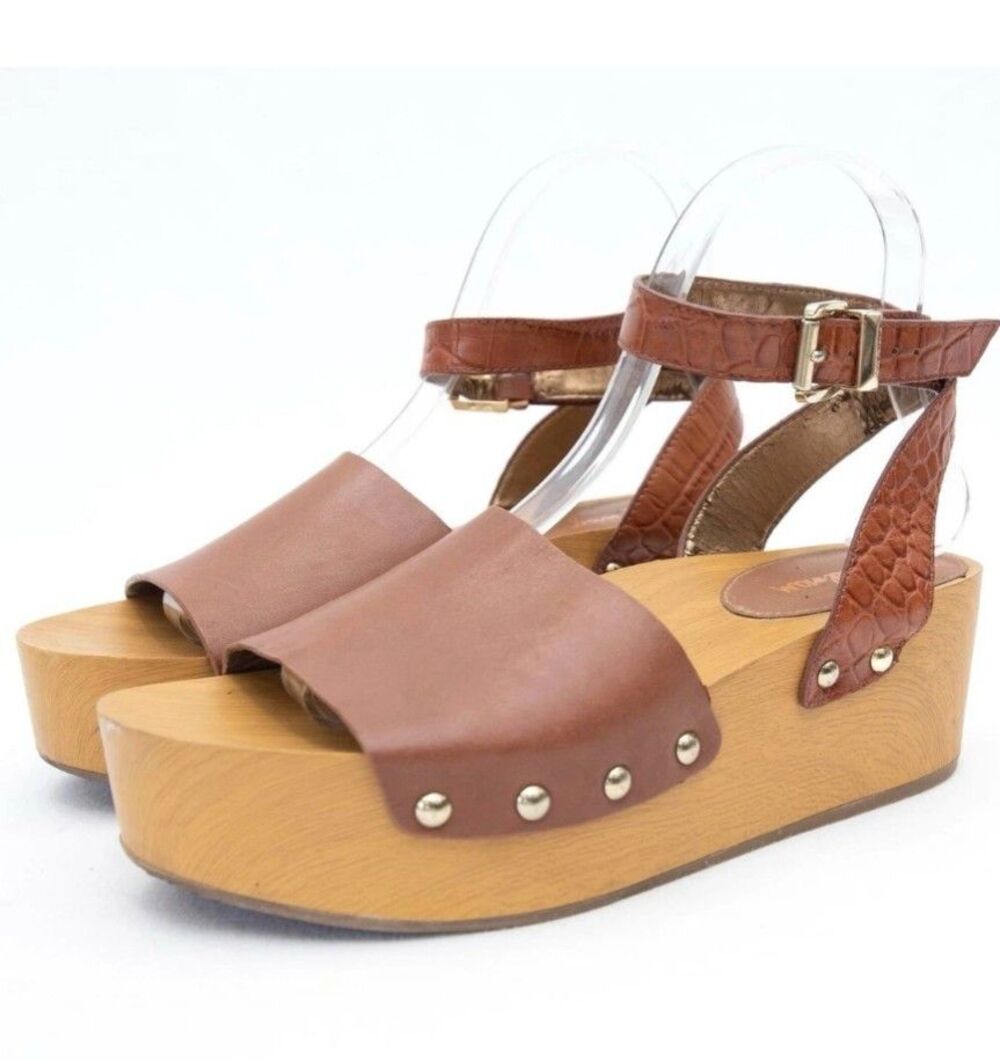 Sam Edelman Brynn Clog Sandal Sz 8.5 Wooden Platform Brown Leather Strap Studded